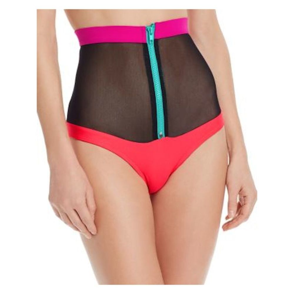 CHROMAT Women's Pink Color Block Zip Front Mesh High Waisted Bikini Bottom L